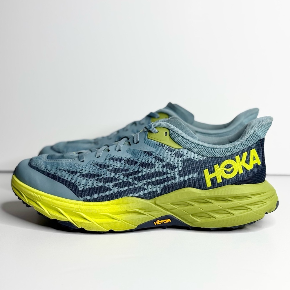 Hoka One Speedgoat 5 Stone Blue Citron Running Vibram Shoes Mens Size 9.5 EUC
